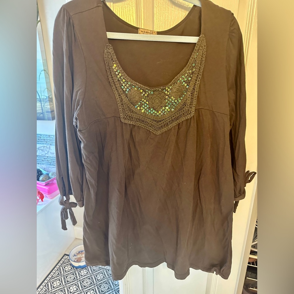 ONE WORLD Embellished Brown Blouse with Green Accents